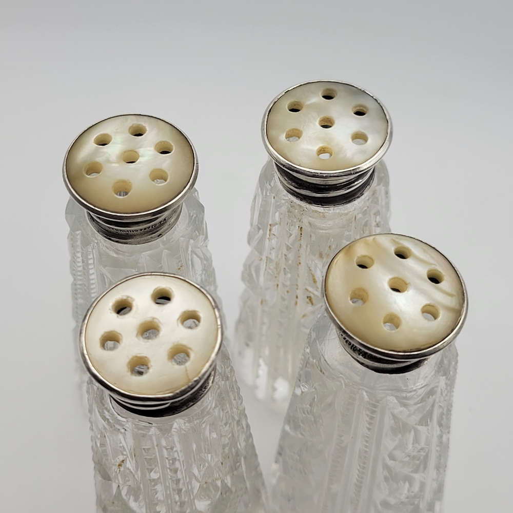 Vintage MCM Crystal Salt and Pepper Shakers Sterling Silver Caps Mother of Pearl - Picture 7 of 10